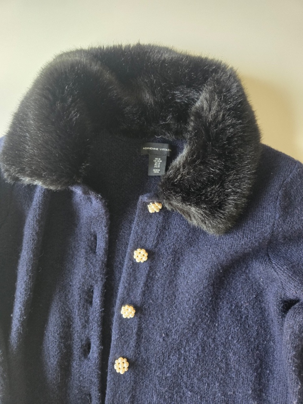 Adrienne Vittadini Navy Knit Faux Fur Collar Sweater Ccardigan - Picture 5 of 14